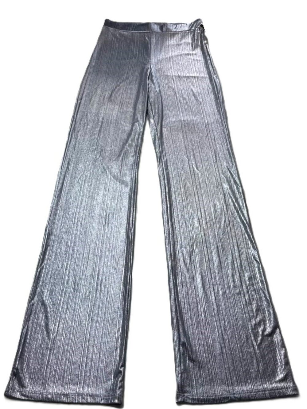 Women Ribbed Metallic Silver Semi Wide Leg Hi Rise Pull on Pants Party Disco 70s